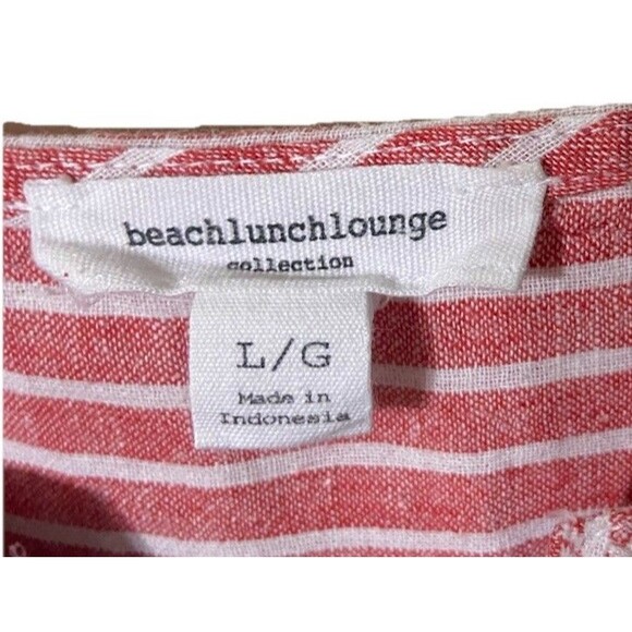 Beach Lunch Lounge Linen Cotton  Blouse Red with White Stripes Embroidered NeckL - Picture 4 of 6